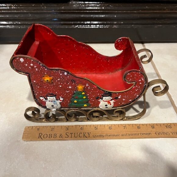 Metal Christmas Santa Sleigh Hand Painted Red Holiday Decor Snowmen Tree 8.5"x4" - Picture 9 of 12